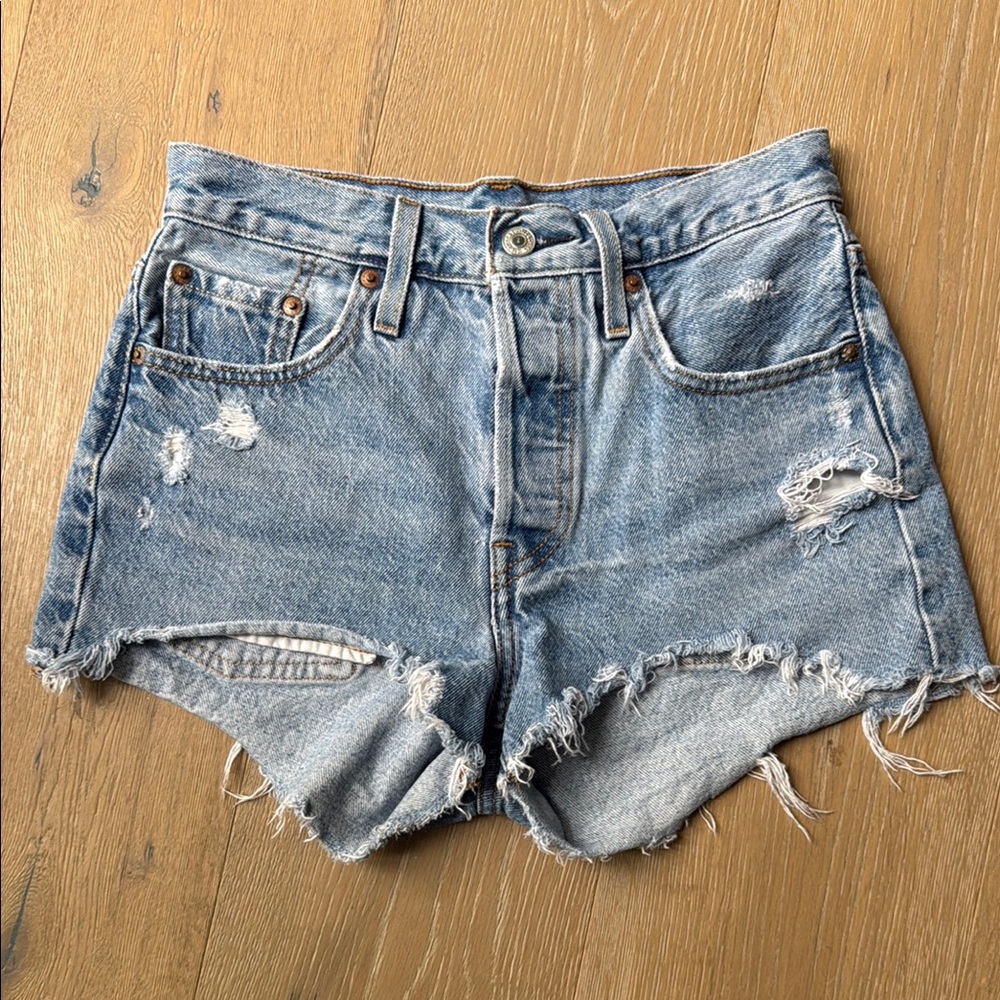 Levi's Blue Jean Shorts Distressed Frayed Hem, Size 25